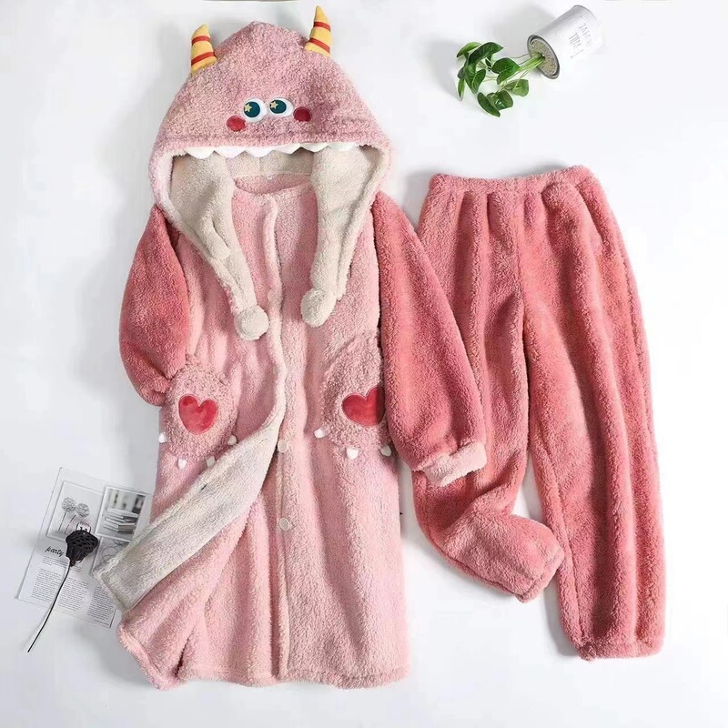 卡通米奇甜美连帽珊瑚绒睡袍女冬季新款家居服加厚保暖睡裙可外穿|undefined