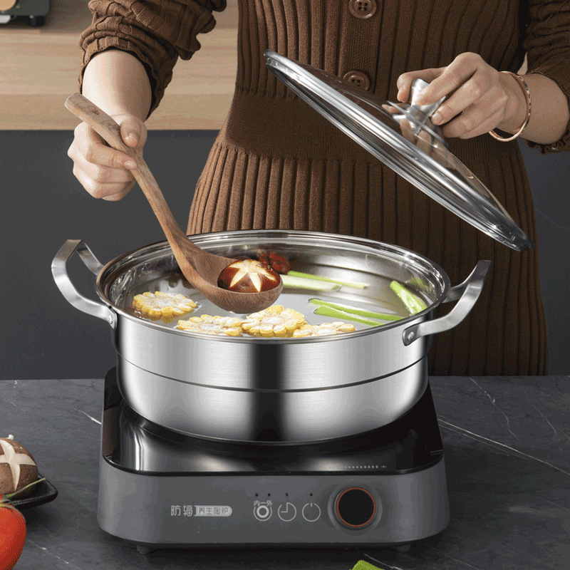 Thickened 304 stainless steel double-layer steamer with lid, large-capacity household clear soup pot, non-stick cooking and steaming pot