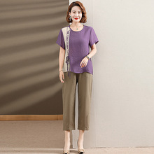 中老年人女装棉麻小衫+裤子两件套夏新款气质妈妈装休闲时尚套装