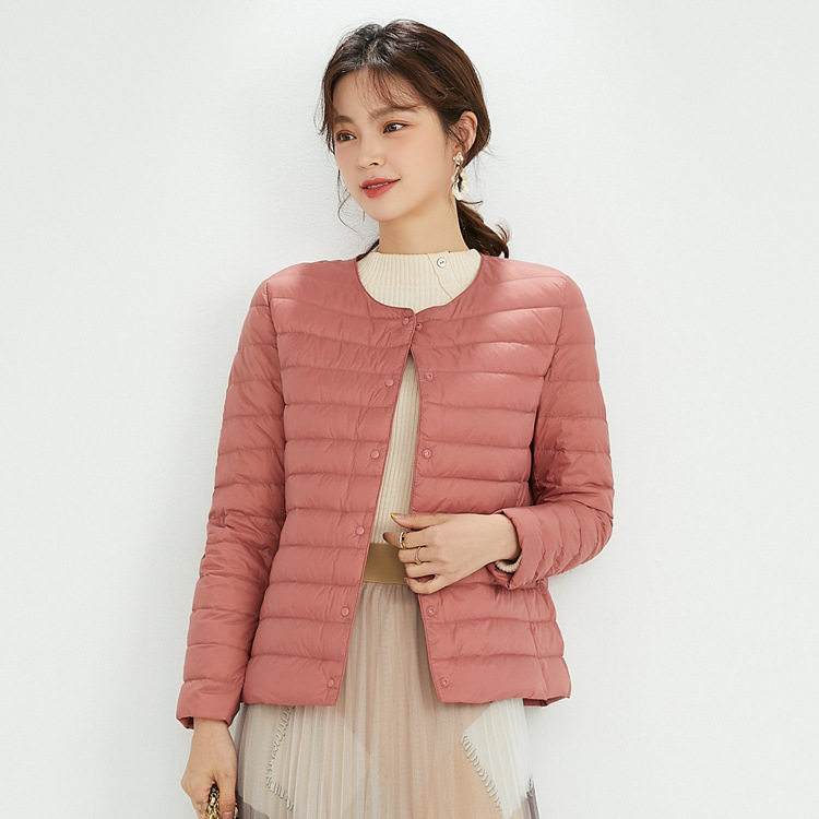 Cross-border Autumn and Winter New Lightweight Down Jacket Women's Round Neck V-Neck Liner Long Sleeve Collarless White Duck Down Short Jacket Fashionable