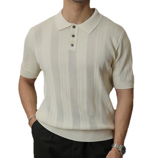 Polo camiseta de punto camiseta de manga corta hombre solapa rayas huecas viejas camisetas de negocios de verano fábrica transfronteriza al por mayor