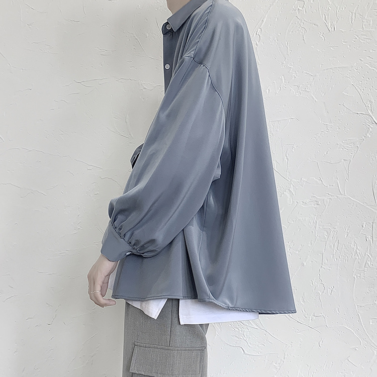 Primavera y otoño Nuevo estilo coreano de moda casual Camisa de manga larga de los hombres floja dobladillo plisado camisa uniforme DK