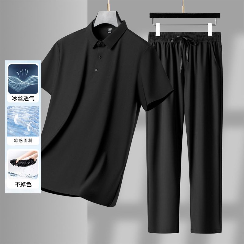 キツツキお父さんスーツ夏薄手半袖ストレッチ中年紳士アイスシルク服カジュアルスポーツ2点セット|undefined