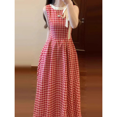 法式红色格纹无袖背心连衣裙子女夏季海边度假绝美多巴胺收腰长裙