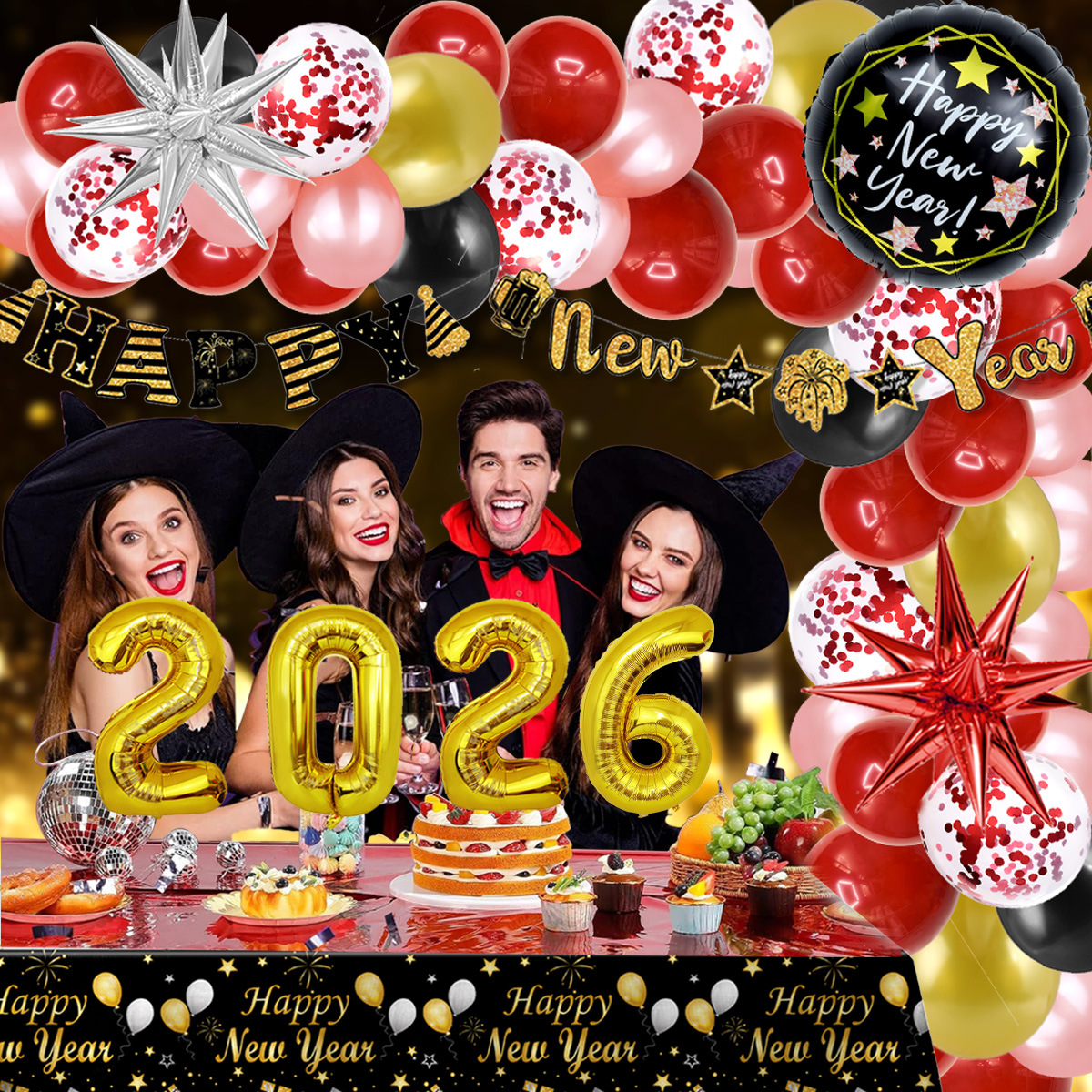 Set de Globos Decorativos Dorados de Año Nuevo 2026 - Pack de 4