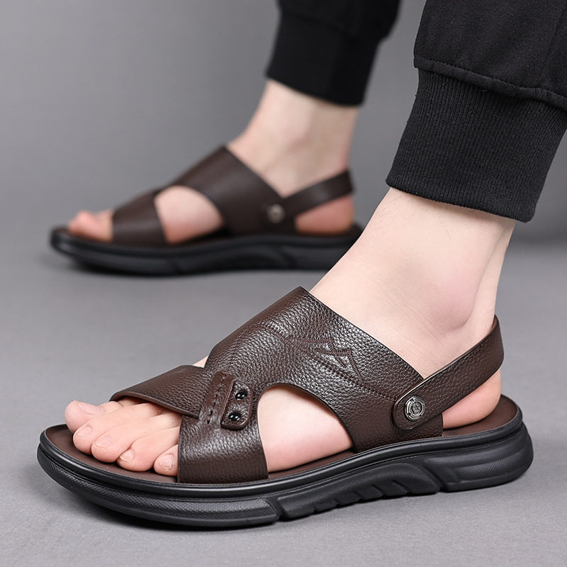 Dép sandal nam da bò thật hở ngón, quai ngang thoáng khí đi biển và dạo phố — 51226 Màu nâu, 51226 Màu đen