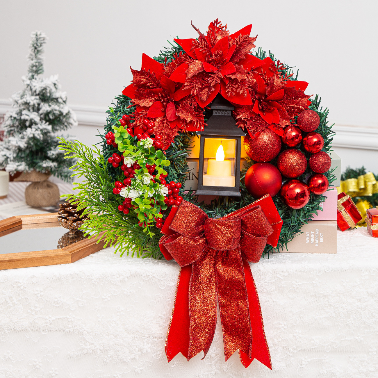 Nuevas decoraciones navideñas, lámparas de aceite navideñas, flores de navidad, guirlandas de flores navideñas, ventanas, puertas colgantes, decoración