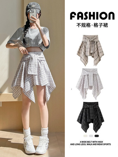 Irregular plaid skirt women's spring, summer, autumn and winter new style high-waist slimming elegant retro plaid short skirt