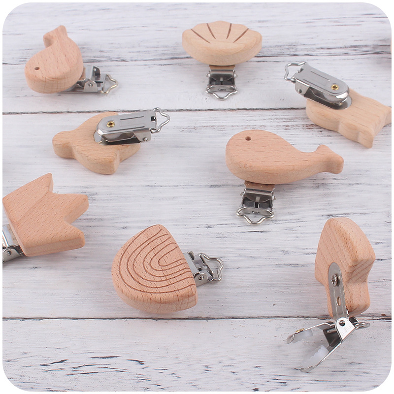 Suministros para bebés clip de chupete de haya clip de chupete animal de dibujos animados bebé calmante clip de madera de protección de seguridad de haya