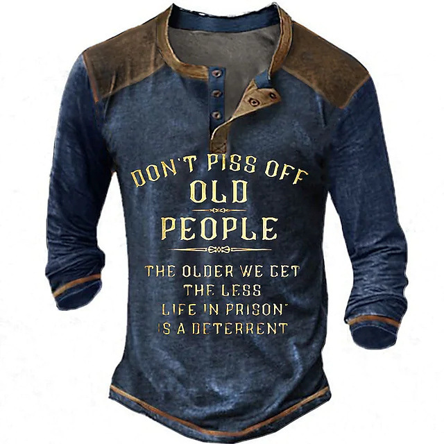 2023 cross-border Europe and the United States new men's Henry shirt T-shirt graphic letter clothing 3D printing retro casual long sleeve