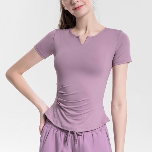 Women's Yoga Wear: Summer Short-Sleeve V-Neck Tight-Fitting Quick-Dry T-Shirt – Professional Black Fitness Apparel with a Bare-Minimalist Feel for Running and Workout Adventures