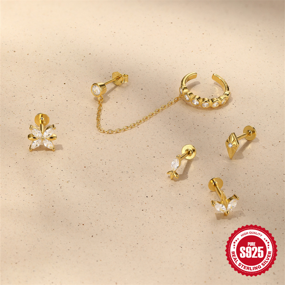 Nuevo s925 plata de ley cuatro estrellas con sentido de metal, hilo en espiral, personalidad, pendientes de estrella, estilo popular atractivo