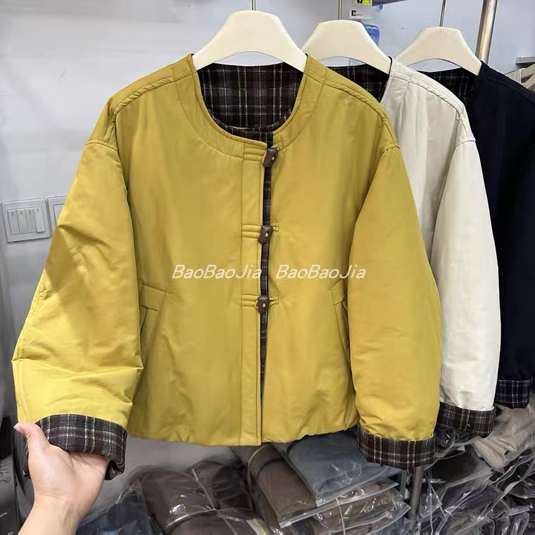 韩系复古格子立领棉服女冬季2025新款休闲宽松百搭棉衣外套
