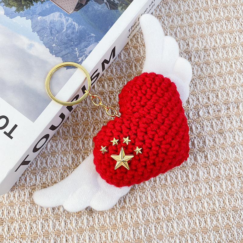 National Day Patriotic Peripheral Creative Woolen Knitted Handmade Heart Keychain Pendant Knitted Heart Five-Pointed Star Pendant