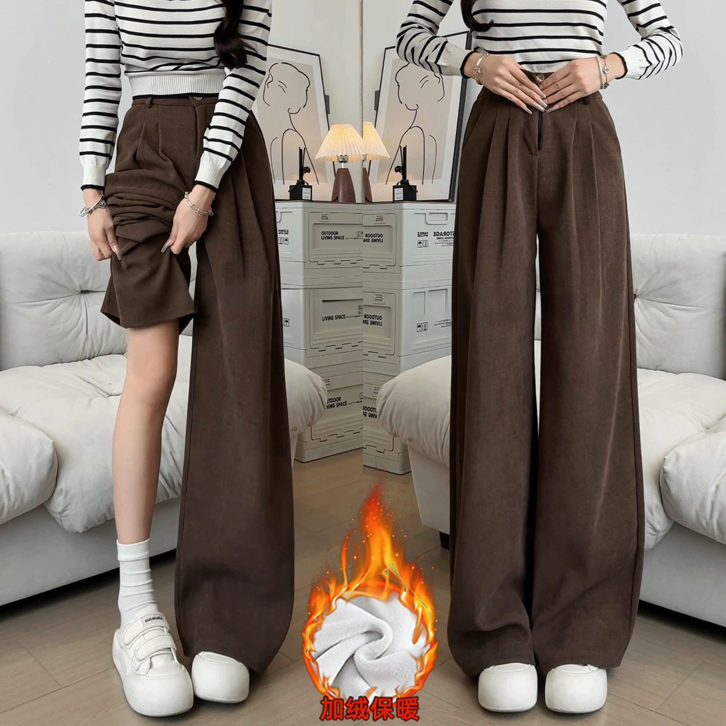 Коричневые вельветовые брюки-палаццо для женщин, новая модель осень-зима 2025, на флисовой подкладке, узкие прямые брюки-палаццо с драпировкой для миниатюрных фигур