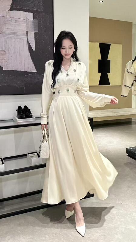 2025秋季欧洲站优雅轻奢小心机礼服宴会裙蕾丝拼接圆领腰带喇叭袖|undefined