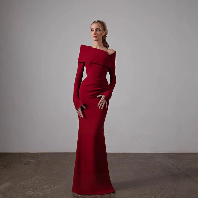 Red Evening Dress Cross-Border Banquet Ceremony Formal Dress New Long-Sleeved Slim Fishtail Simple and Elegant Long Dress