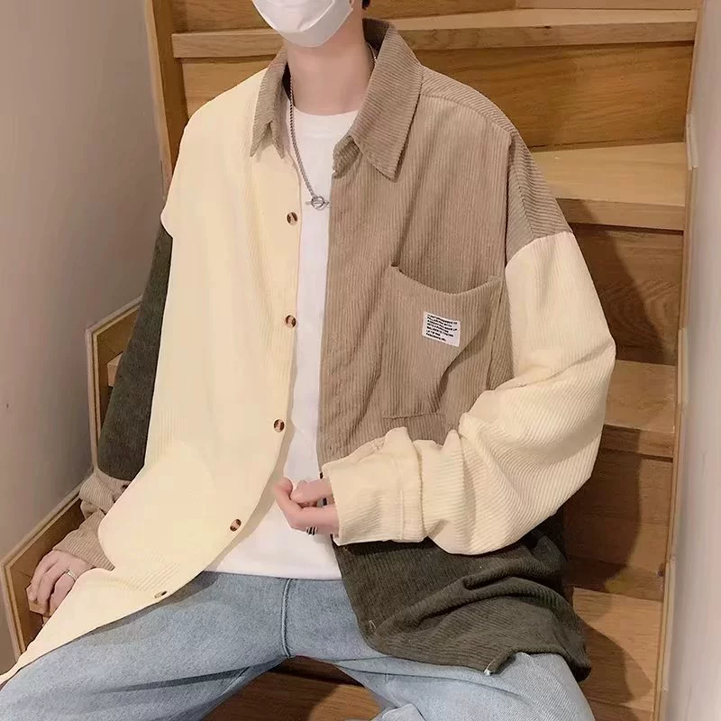 Мужская рубашка с длинными рукавами и цветными блоками на весну и осень, в японском стиле, с вставками, повседневный модный бренд, уникальная куртка-рубашка с цветными блоками.