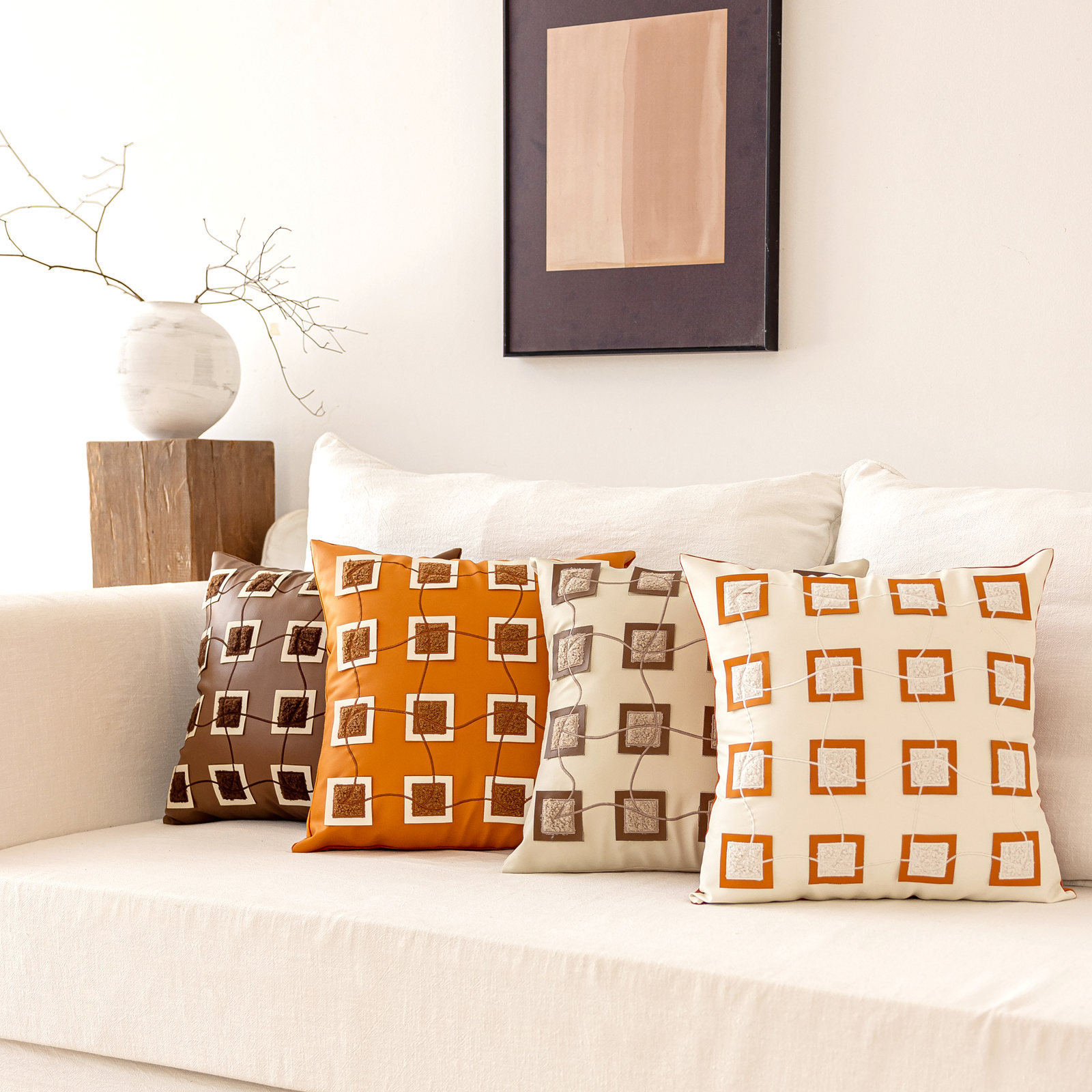 新款轻奢ins风仿皮革格子刺绣沙发抱枕套 床头靠枕汽车办公室靠垫