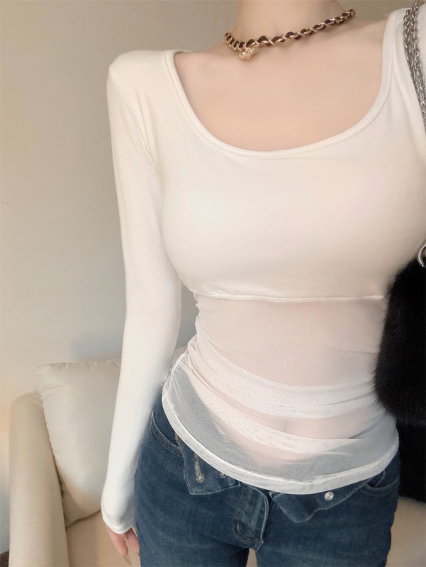新款法式方领白色打底衫T恤女早秋气质修身微透短款正肩上衣|undefined