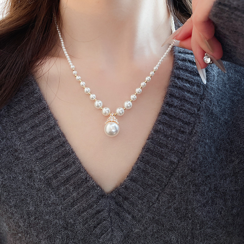 真金电镀圆形珍珠款耳钉项链套装小众耳环时尚气质耳饰轻奢高级感详情35