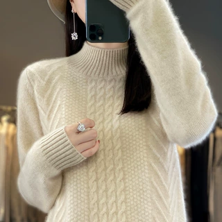 重磅绞花100羊毛衫女宽松加厚针织衫半高领打底衫新款毛衣百搭