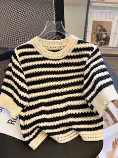 R 84998 Striped hollow knit top �l�y�U��ᘿ���