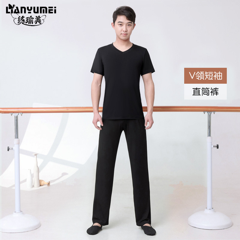 Men's black V-neck short-sleeve straight pants