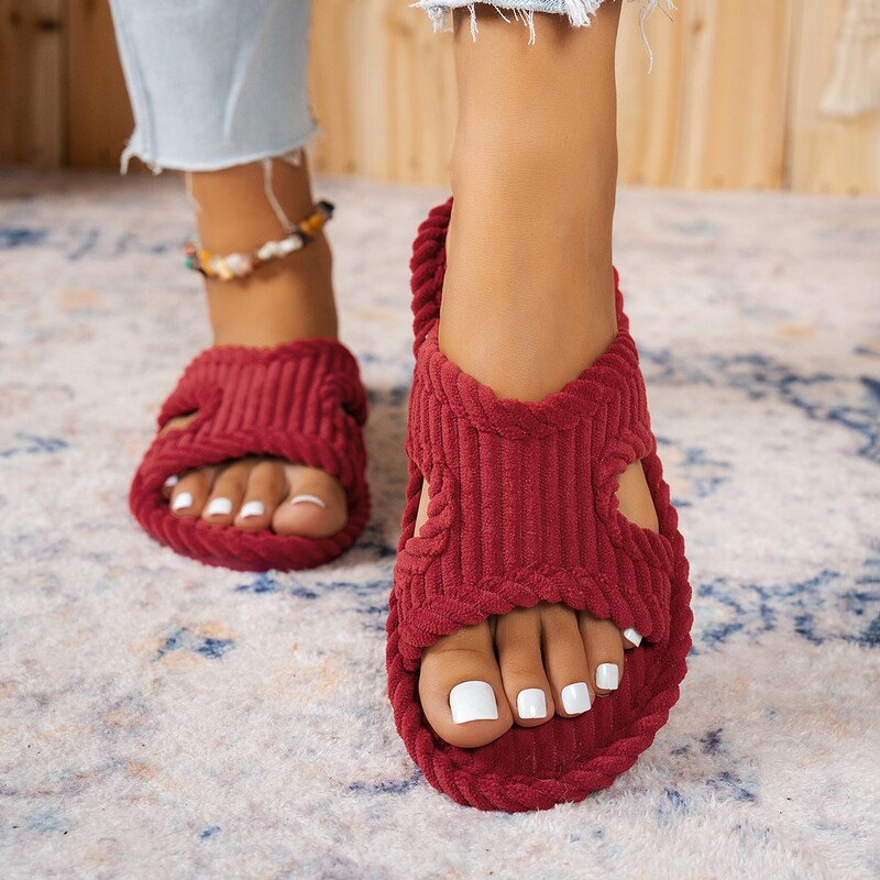 2024 Cross-border Foreign Trade Women plus size Corduroy Open Solid Color Open Toe Four Seasons Slippers Women Couple Indoor Slippers Women