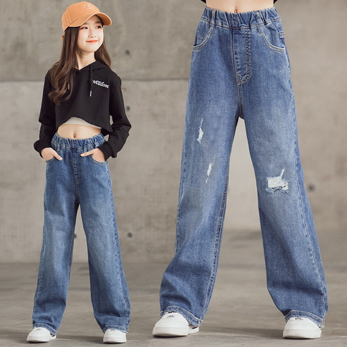 Girls' straight-leg jeans, spring and autumn style, stylish little girls, medium and large children's autumn casual loose children's wear wide-leg pants