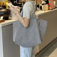 简约格子帆布包原创小众百搭通勤大容量托特包学生上课手拎单肩包