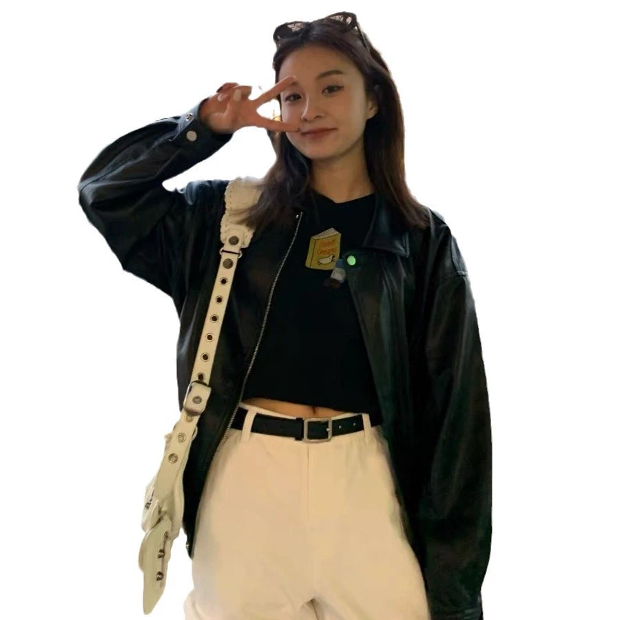 Polyurethane Short Retro Jacket with Zipper - Autumn Oversized Loose Fit, American Style - Black