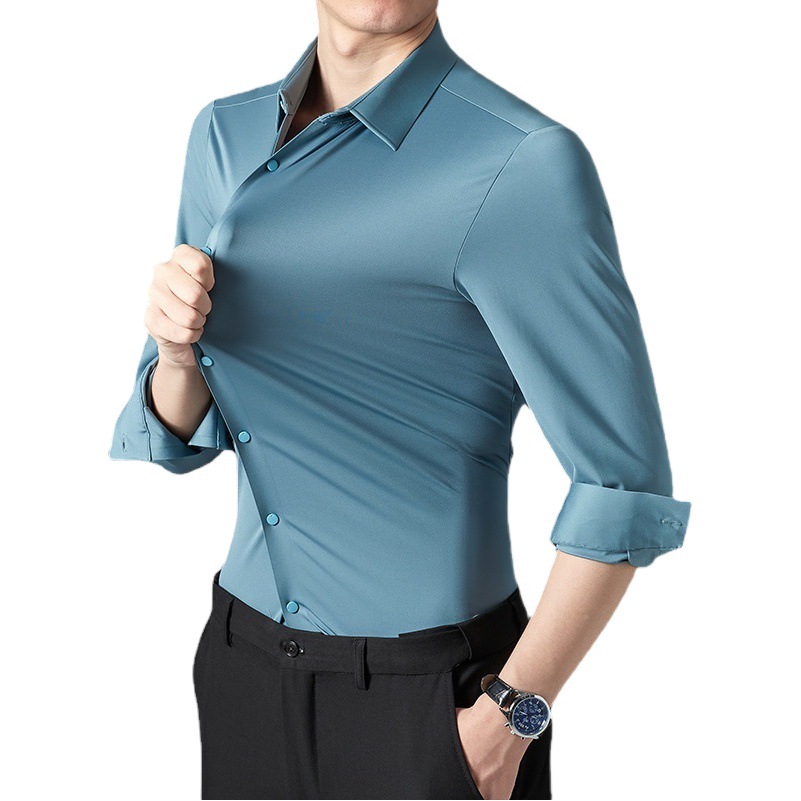 Primavera y otoño camisa de manga larga de alta elasticidad sin costuras de nylon de los hombres adhesivo de poliuretano sedoso no planchar de lujo ligero Comercio exterior transfronterizo camisa de los hombres