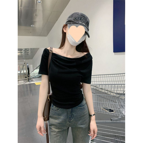 Korean Pure Desire Style Pile Collar Pleated Short Sleeve Top for Women - Summer One-Shoulder Fitted Versatile Top