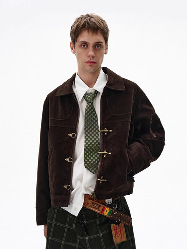 Dark Brown American Retro Short Jacket Men's Spring and Autumn New Style Handsome Shoulder Distressed Lapel Airplane Button Jacket