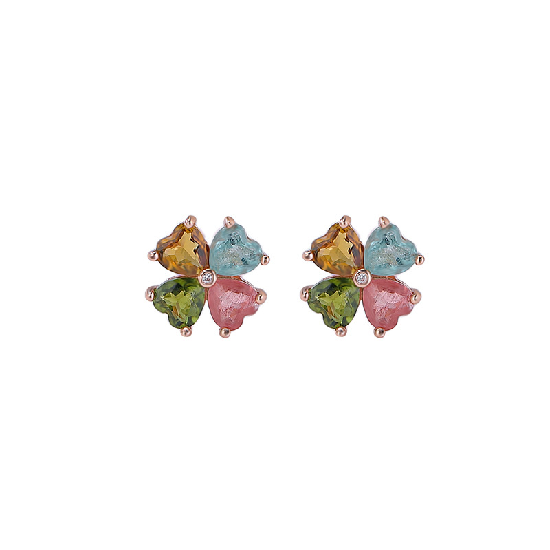 Bông tai bạc S925 mạ vàng hồng hình trái tim đính đá tourmaline — Một cặp (màu ngẫu nhiên của tourmaline)