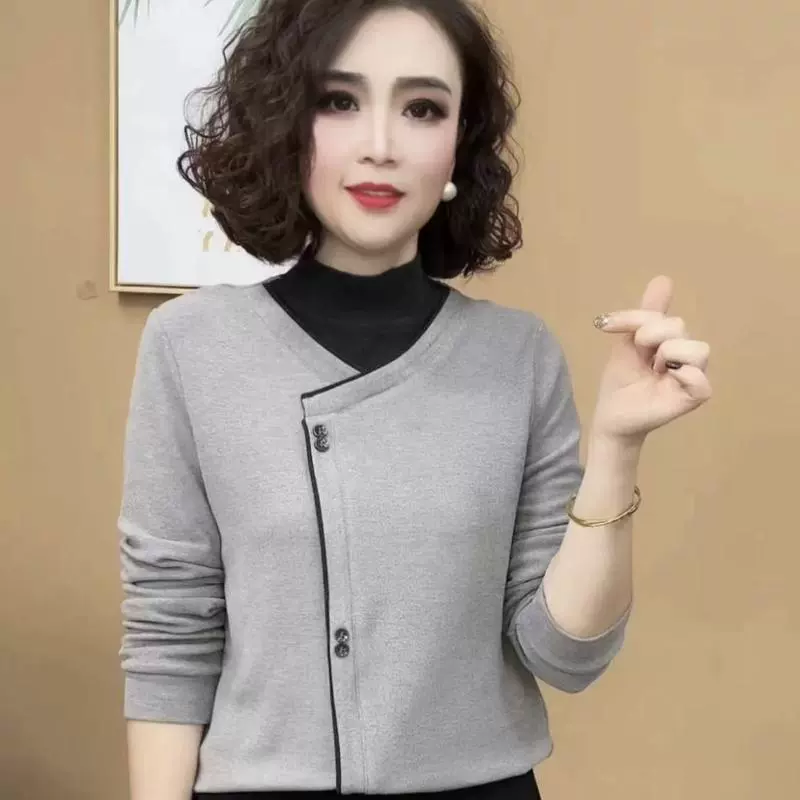 Двусторонняя Delong с наполовину высоким воротником, сшитым поддельные две нижние рубашки темперамент женщин среднего возраста осенью и зимой теплый топ с длинными рукавами