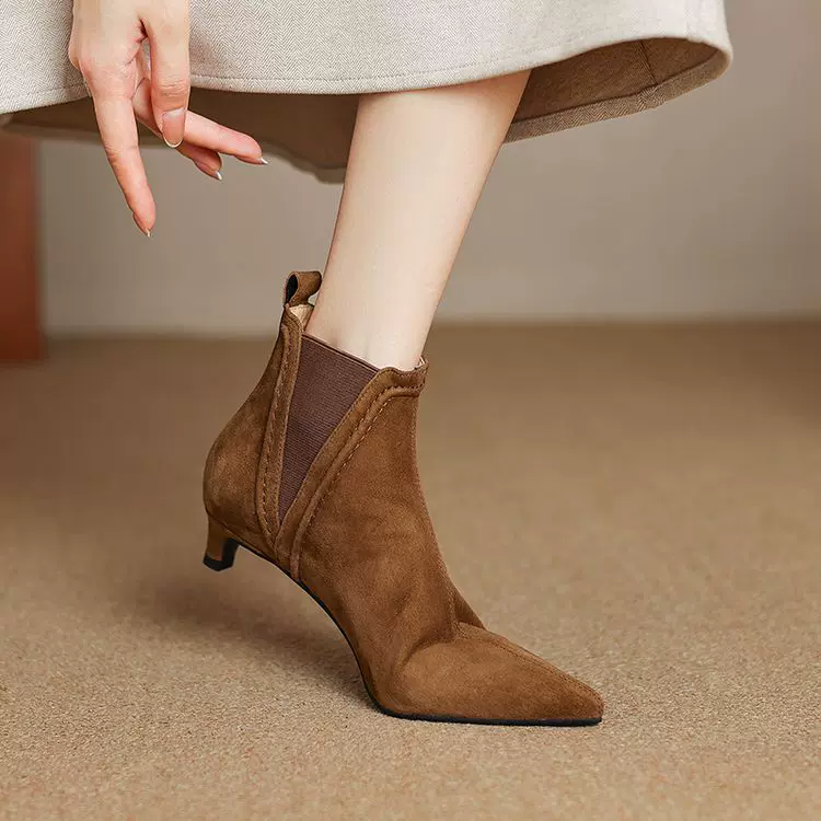 里外全皮猫跟裸靴细跟尖头松紧带短筒靴子羊翻皮时尚复古低跟短靴