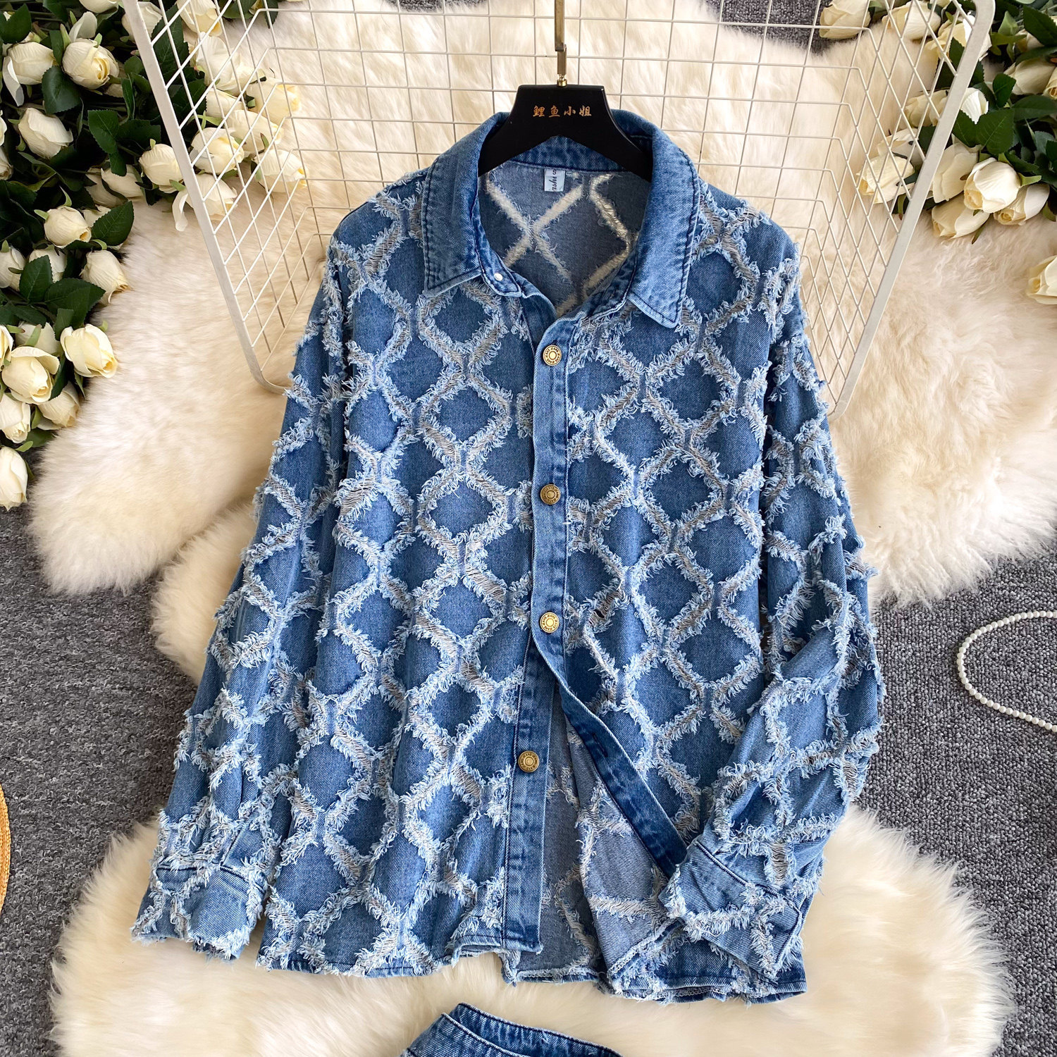 Women's Denim Shirt And Shorts Set Diamond Pattern Frayed Edge_voghion.com