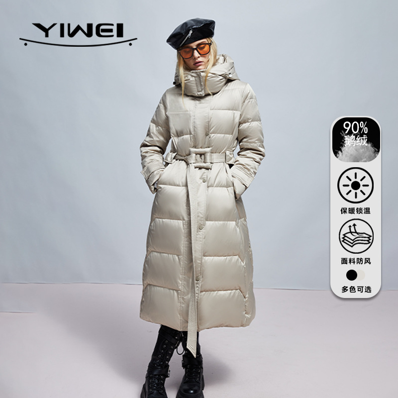 YIWEI 冬季加长款羽绒服保暖连帽外套加厚时尚外套鹅绒休闲时尚