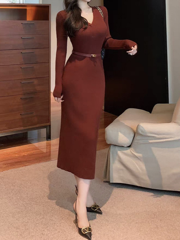 红色气质漂亮女神范连衣裙2025秋冬新款收腰修身显瘦包臀中长裙女|undefined