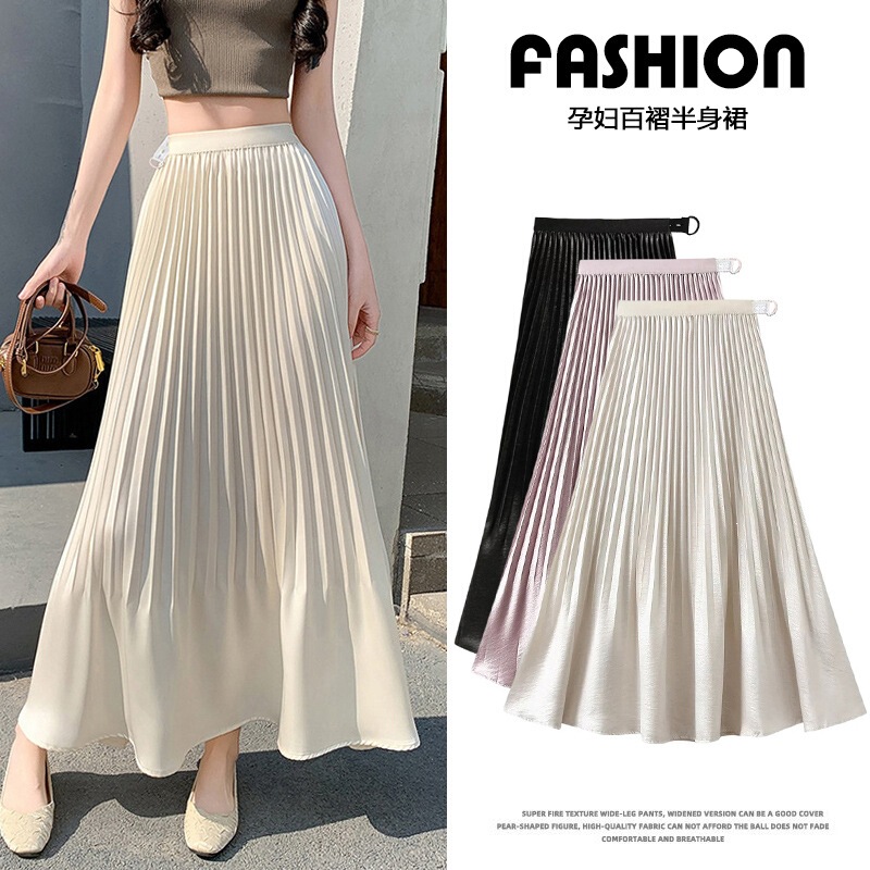 New summer style accordion pleated acetate crystal satin pleated skirt for pregnant women, with a drapey, elegant, and full A-line design New summer style accordion pleated acetate crystal satin pleated skirt for pregnant women, with a drapey, elegant, and full A-line design