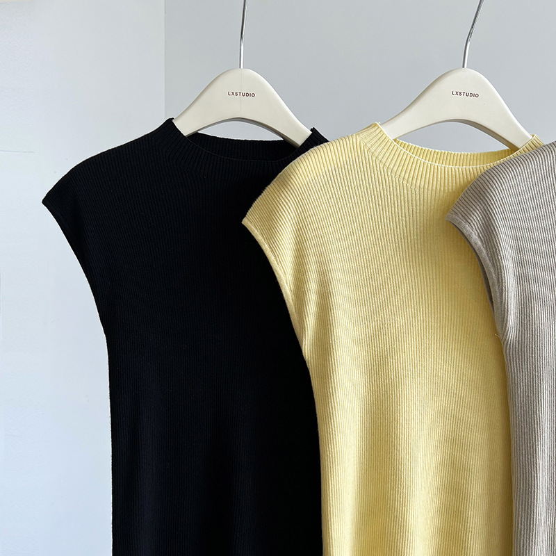 Spring Summer Slim Fit Cashmere Knitwear Top Simple Drop Shoulder Soft Glutinous Short Sleeve Bottoming Shirt Women