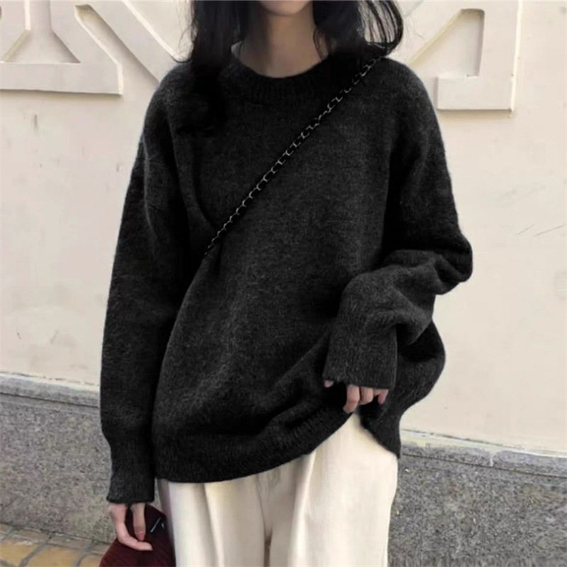 Coreano casual retro color sólido suéter de cuello redondo para mujeres otoño y invierno nuevo estilo de vestir suelta camisa de punto de estilo portugués