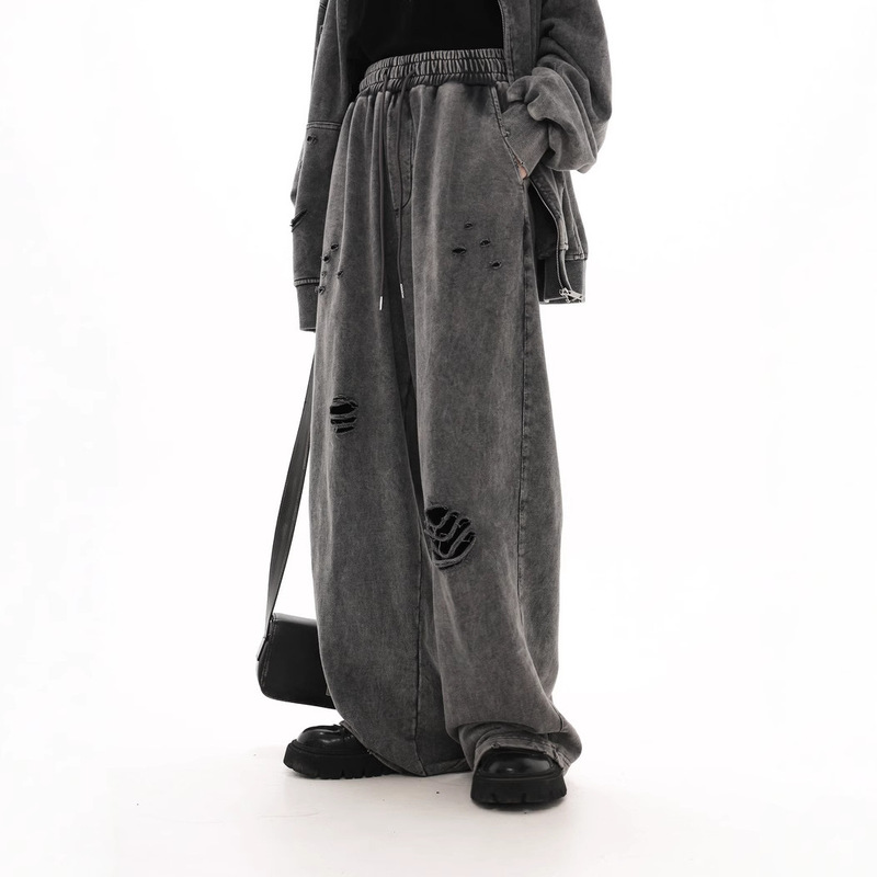 Cross-Border Autumn and Winter New Terry Ripped Sweatpants Men's Loose Casual Versatile Washed Distressed Retro Couple Pants