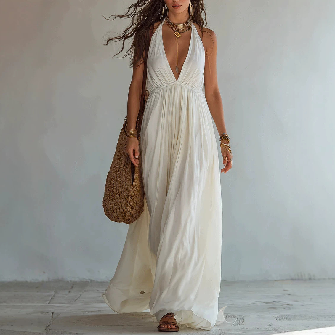 Independent Site Amazon 2026 New Summer Deep V-Neck Long Evening Dress Pleated Halter Backless Dress for Women