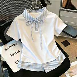 外贸批发女童短袖t恤夏季儿童洋气polo衫上衣大童假两件衣服夏装