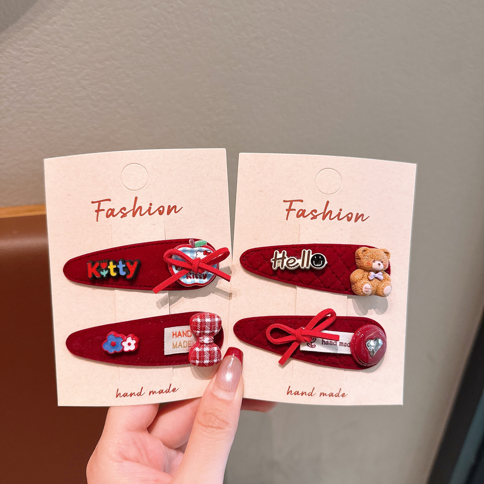 Año Nuevo vino rojo terciopelo para niños pinzas de cabello bebés estilo chino rojo chicas de dibujos animados pinzas de estilo lateral