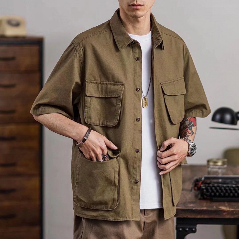 American Retro Workwear Short-Sleeve Camping Outdoor M42 Paratrooper Field Short-Sleeve Shirt with Multiple Pockets Four-Pocket Shirt Trendy