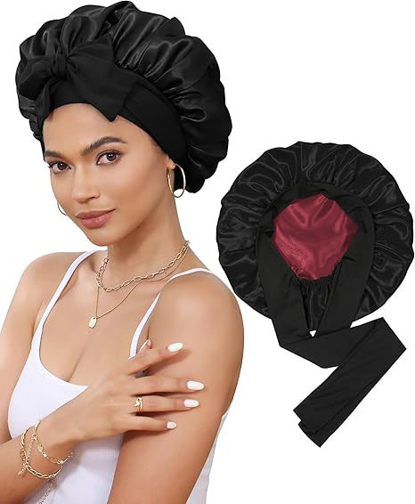 双层色丁睡帽飘带圆帽蝴蝶结仿真丝美容发帽双面戴bonnet|undefined